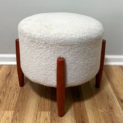 Mid Century Modern MCM Style Faux Shearling Round Ottoman Footstool With Wood Legs
