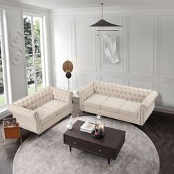 5 Seater Linen Chesterfield Couches, Armchair Loveseat Sofa Set Tufted Couch for Living Room