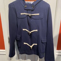Really Nice Ladies Size Large Tommy Hilfinger Navy Blue Toggle Coat with Hood