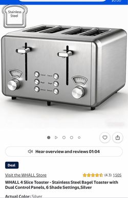 WHALL 4 Slice Toaster - Stainless Steel Bagel Toaster with Dual Control Panels, 6 Shade Settings, Silver