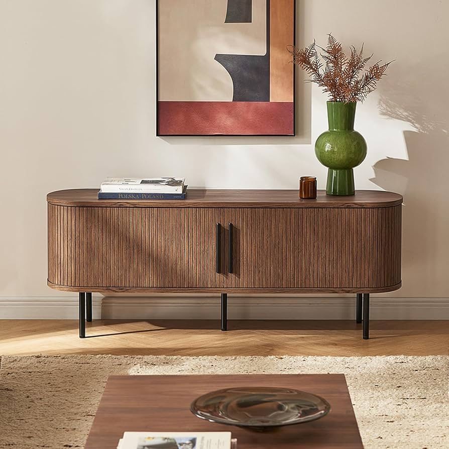 MM5011 Quin 59" Tambour TV Stand, Mid-Century Modern Television Stand for 55/60/65 inch TV, Fluted Entertainment Center with Bigger Storage, Wood Medi