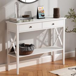 Console Table with Drawers, Narrow Wood Accent Sofa Table Entryway Table with Storage Shelf for Entryway, Front Hall, Hallway, Living Room, White
