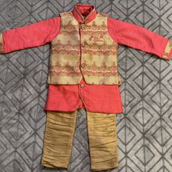 Child’s 3 Piece Sz 2 Ahuja Jaideep Dhoti Kurta n Kurta Pajama Salmon & Gold EUC #kurta #boyskurtapajama #kurtapajama #goldkurta #ahuja #indiadress #in