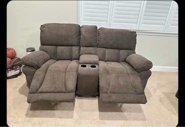 Dark Brown Fabric Reclining Loveseat sofa with Console