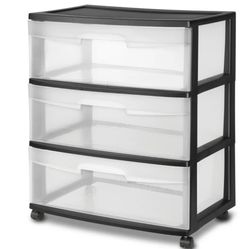 Sterilite Wide 3 Drawer Cart, Clear Plastic Storage Drawers, Wheels Included, Black