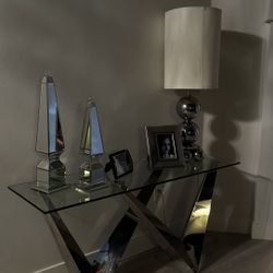 Modern Mirrored X-Base Console Table with Glass Top 