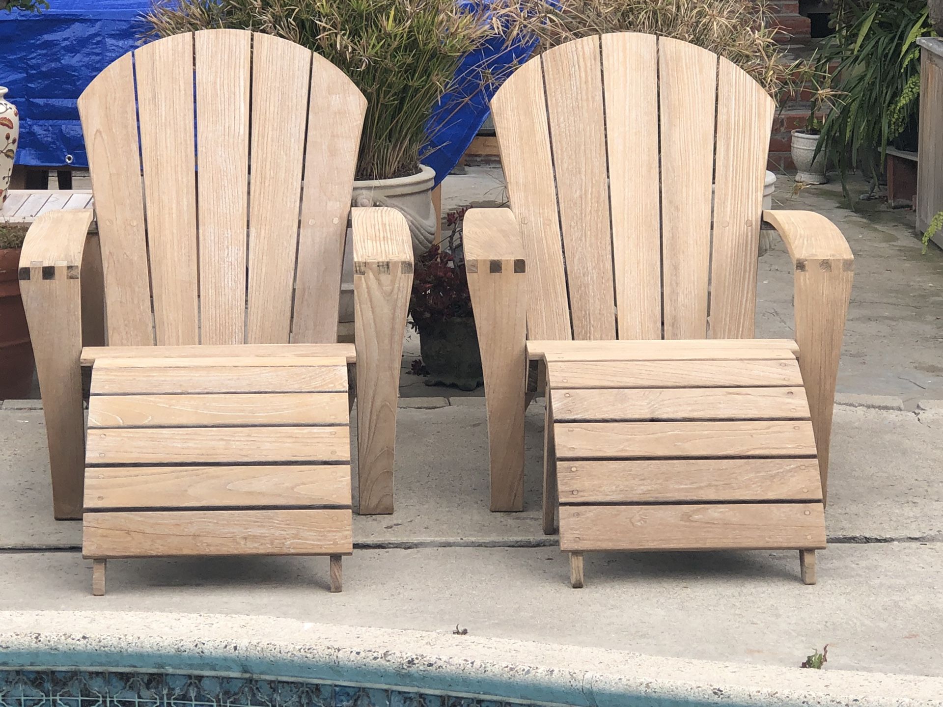 Teak Wood Smith and Hawken Adirondack Chairs and Ottomans