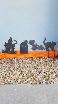 Halloween Lot of 4, Haunted Mansion, Thumbstone, Cat, and Bat Silhouette Metal Yard Stakes