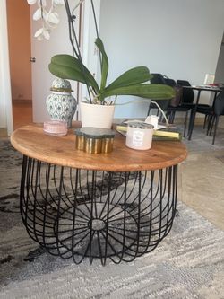 Modern Round Wood Coffee Table with Black Metal Base
