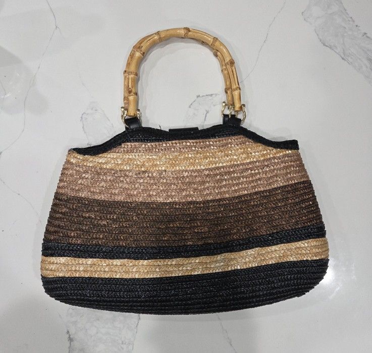 Wheat Straw Bamboo Handle Hand Bag