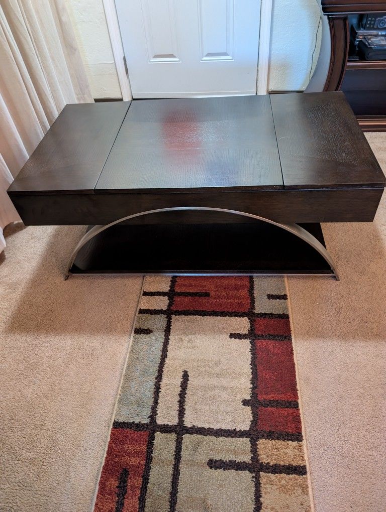 Nion Espresso Solid Hardwood Wood and Metal Rectangle Lift-Top Coffee Table w Matching End Table