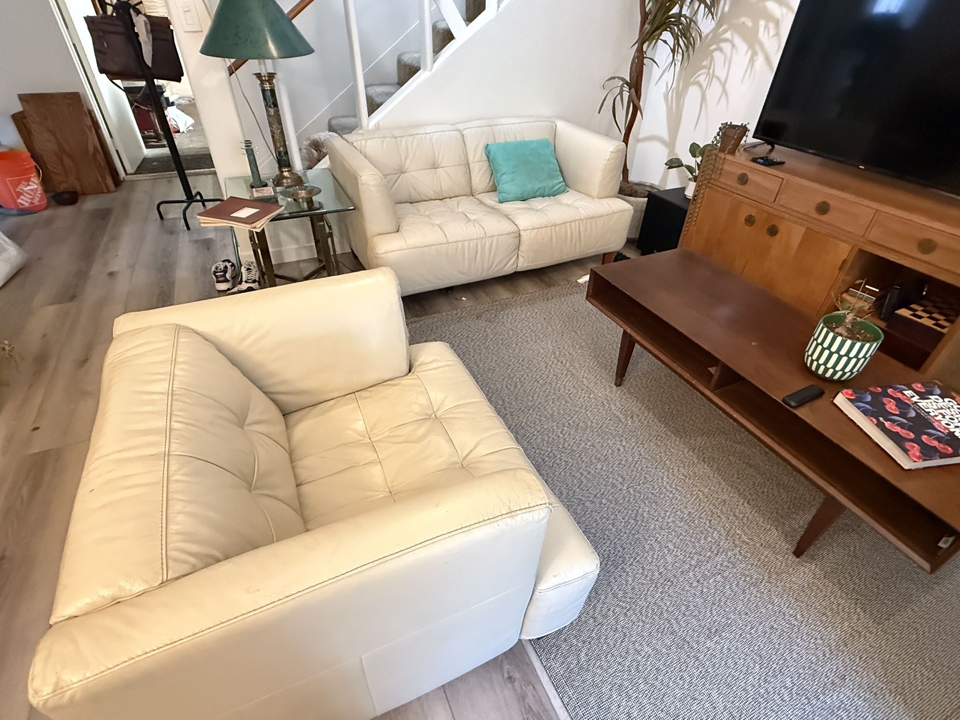 Cream Leather Sofa Set w/ Ottoman – $100 OBO