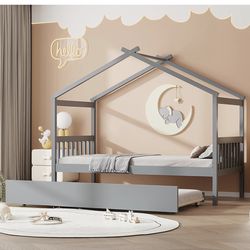 Bellemave Twin House Bed with Trundle, Montessori House Bed with Roof Design