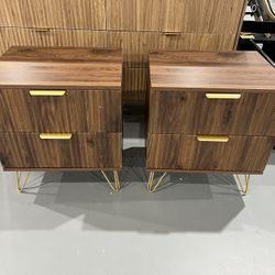 M-New Set of 2 Nightstand, Mid Century Modern Night Stand Bedside Table with 2 Storage Drawer, Bed Side End Table with Golden Handles and Legs for Bed