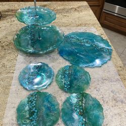 Handmade resin art trays & coaster set - w/turquoise dyed howlite stones.