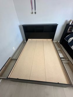 Full/Queen Bed Frame with Storage Drawers and Bookcase Headboard