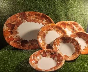 Nantucket Fall Leaf Harvest Autumn Turkey Serving Plate, 3 Dinner Plates & Bowls