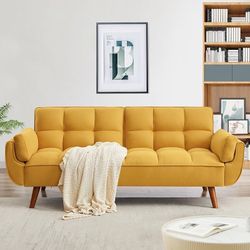Convertible Futon Sofa Bed, Linen Sleeper Couch, 75" W Modern 3 Seater Tufted Sofa with Adjustable Backrests and Solid Wood Legs for Small Spaces, Liv
