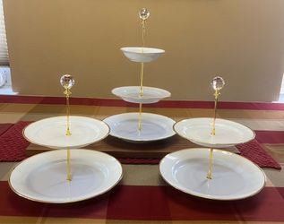 Set of 3 Tier Stands - White China with Gold Rims and Handles
