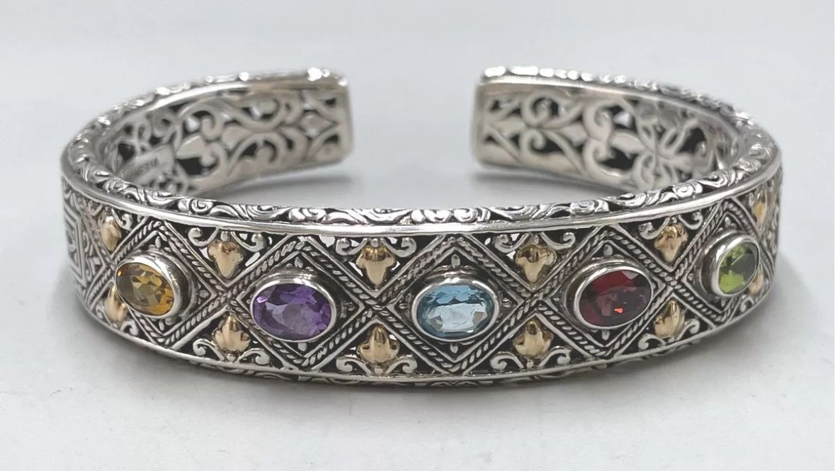 Silver .925/18K Gold Indonesian Balinese Gemstone Bracelet-39g/6.5’’