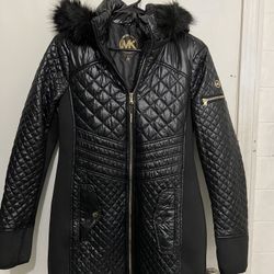 Michael Kors Womens Hooded Quilted Mixed Media Faux Fur Trim Jacket Coat M Black