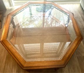 Vintage Solid Wood Octagonal Coffee Table w/ Glass Top – Made in USA