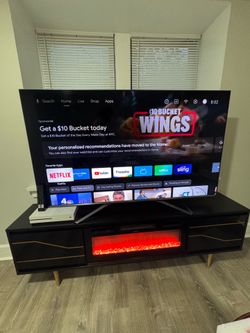 Luxury Black & Gold Fireplace TV Stand with Smart TV Mount and TV remote 2023
