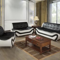 Black And White Leather Three Piece Couch Set