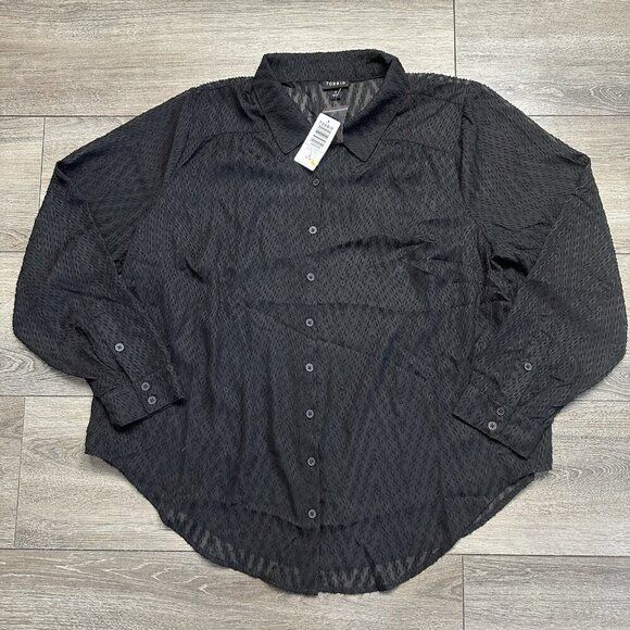 Nwt Women Torrid Deep Black Sheer Madison Clip Dot Zig Zag Button Top Size 1x