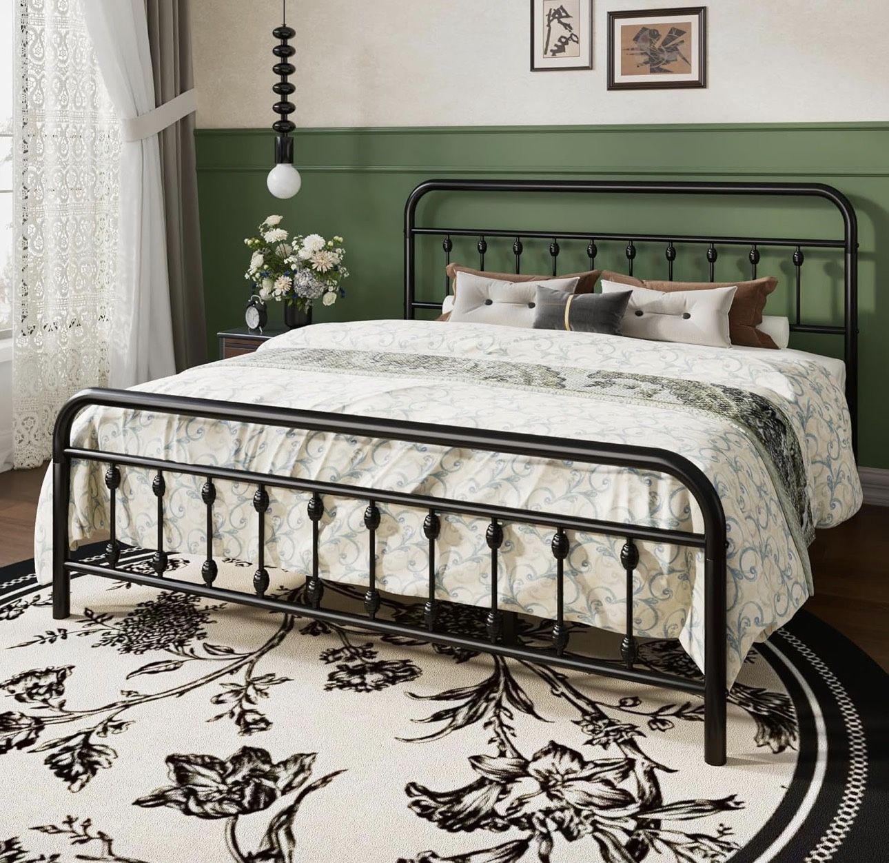 Black King Size Metal Platform Bed Frame with Victorian Style Iron-Art Headboard and Footboard