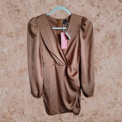 Shein Belle Bronze Toned Womens Wrap V Neck Ruffle Mini Short Dress (New)
