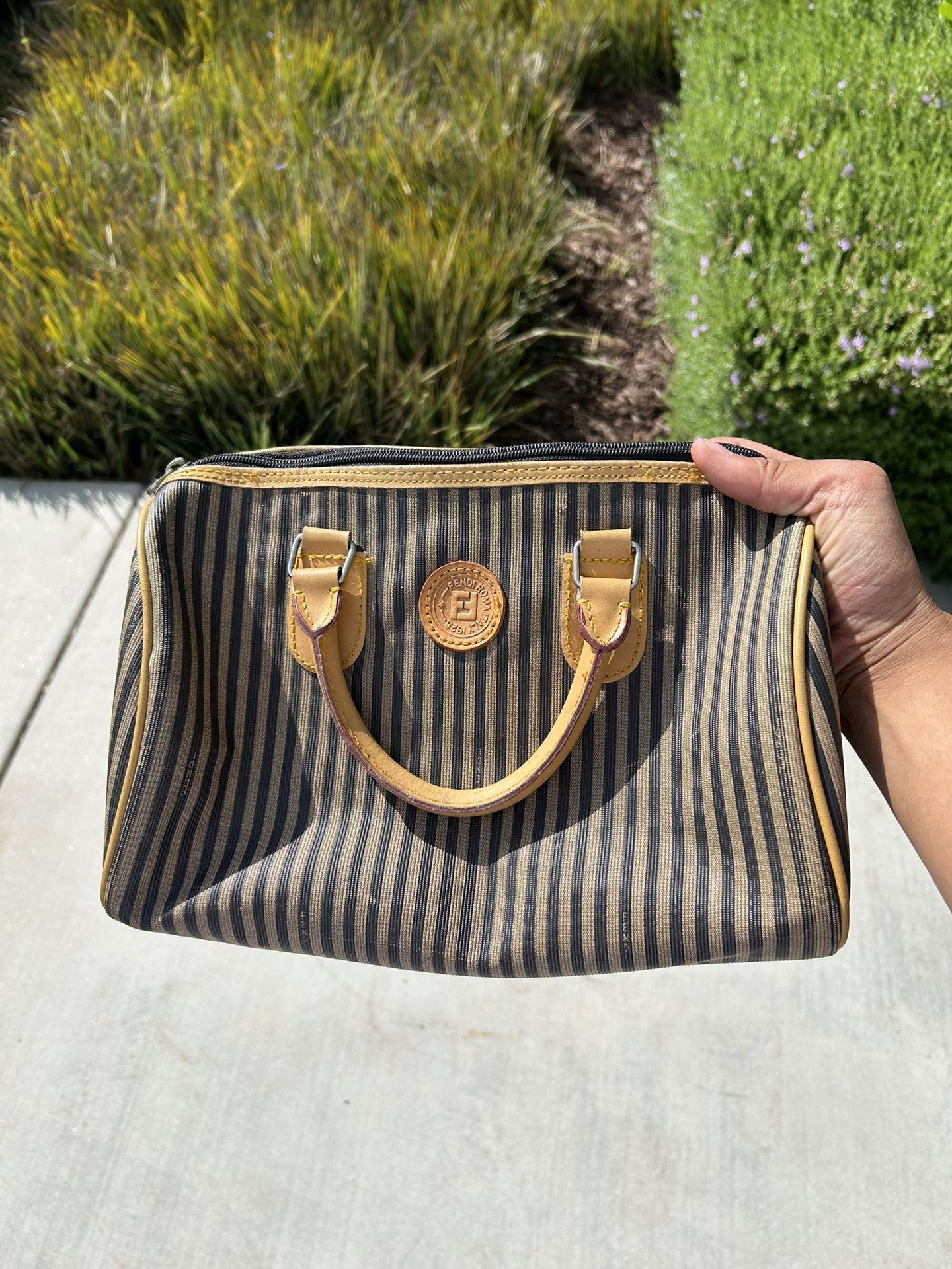 Vintage 80s Fendi Gorgeous Leather Stripe Handbag Purse Double Handles