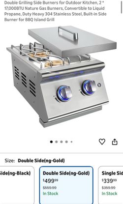 Double Grilling Side Burners for Outdoor Kitchen, 2 * 17,000BTU Nature Gas Burners, Convertible to Liquid Propane, Duty Heavy 304 Stainless Steel, Bui