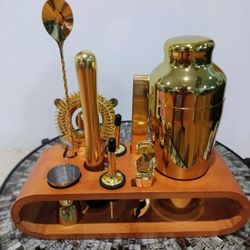 Gold Colored Exquisite Cocktail Shaker Set With Bamboo Stand