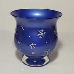Blue Glass Snowflakes Hurricane Candle Holder Winter Christmas Holiday