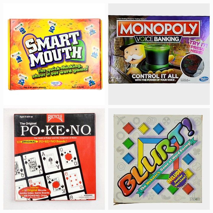 Lot Of 4 Board Games Monopoly, Smart Mouth, Blurt Junior Edition And PO-KE-NO All Complete
