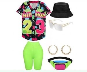 E63) 80s 90s Outfit for Women Baseball Jersey Shirt Shorts Fanny Pack Retro Party Costume Rapper Accessories 1990s 1980s Neon Clothes (Black green XL)