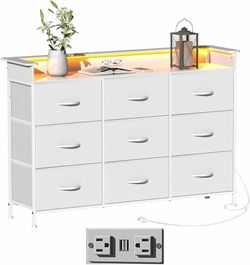 White 9-Drawer Dresser with LED Lights and Power Strip
