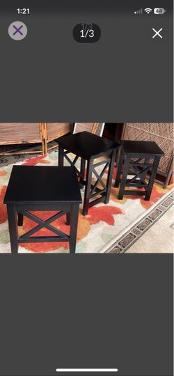 Set of 3- Black Solid Wood Tables, Excellent Condition.  Dimensions:  16x14x21H 16x16x19H 13x11x18H