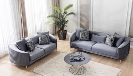 Angela Gray Velvet Sofa Living Room Set