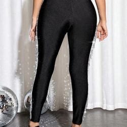 Women's Fringe Pants Elastic High Waisted Leggings Plus Size Sparkly Tassels Side Skinny Pant Clubwear