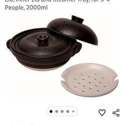 Set of Japanese Clay Pot Donabe, Outer Lid and Steamer...