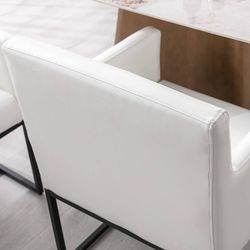 Faux Leather Upholstered Dining Chairs with Arms, Mid Century Modern Padded Kitchen Chair with Black Metal Frame for Restaurant, Dining Room, Set of 2