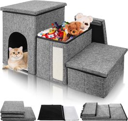 YIMITEE 3-Step Pet Stairs with Storage & Cat Condo, Gray – New Open Box