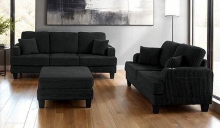 Brand New Black Corduroy Sofa & Loveseat w Ottoman