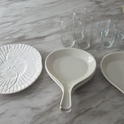 Various serving plates/platters as well as 7 drinking glasses