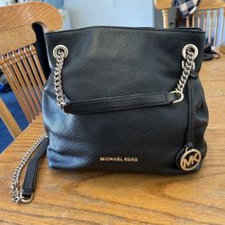 Michael Kors Medium Size Black Leather Chain Link Universal Crossbody / Handbag Purse