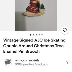 Vintage Signed AJC Ice Skating Couple Around Christmas Tree And I'm A Pin Broach