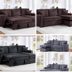 $369.     2-PCConvertible Sectional  Sleeper Sofa W/ Cupholder Sofa Storage & USB Ports  89”x 59”X36”H