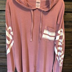 Victoria's Secret PINK Campus Logo Hoodie Tee T Shirt Pocket Oversized MED EUC
